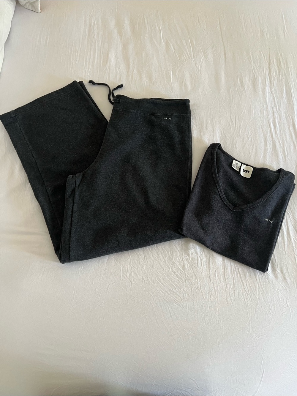 DKNY Charcoal Gray V-Neck Top with Subtle Logo